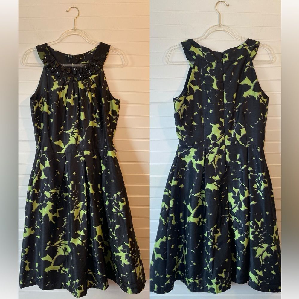 Melonie Embellished Jeweled Collar Green Black Floral Dress Size 10
